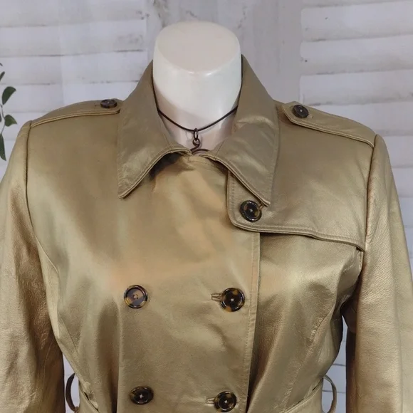 Vintage Jerry Lewis Gold Leather Trench Coat Women's Size 1X - Picture 5 of 9